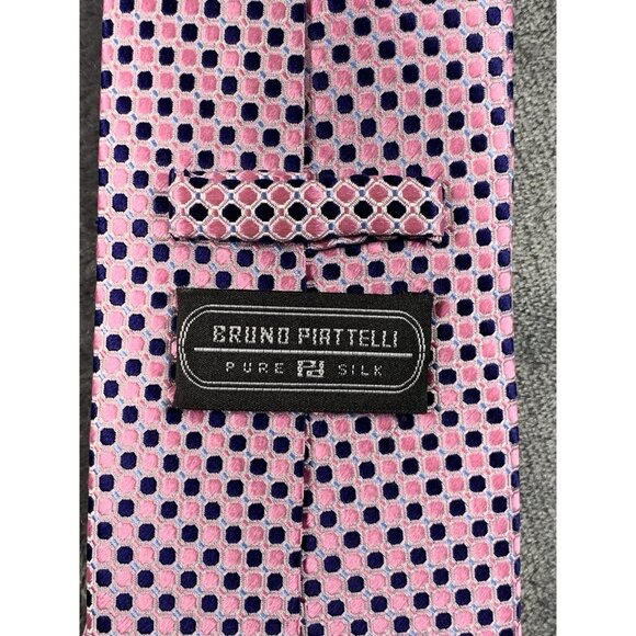 BRUNO PIATTELLI Men's Necktie Pink Navy Geometric Hand Made 100% Silk - Picture 3 of 4